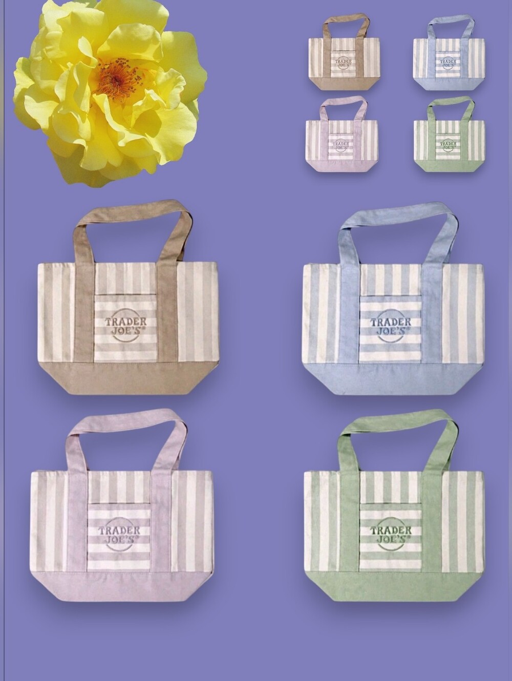 Trader Joe's Lt. Edition 4 Mini Tote Bags: pink sky,Seafoam,Sand Stripe,Bundle